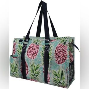 NGil Utility Water Resistant Tote Bag, Zippered top - Berry Pineapple-Navy NIB